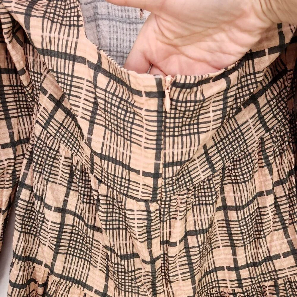 Topshop Babydoll Mini Dress Balloon Long Sleeve Size 4 Boho Gingham Brown - Picture 7 of 15